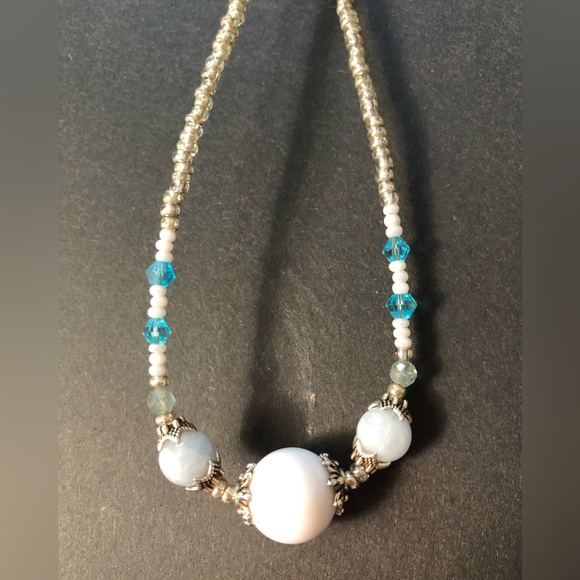 HAND CRAFTED Upcycled Blue White Silver Necklace earring set Feminine Delicate - Picture 10 of 14